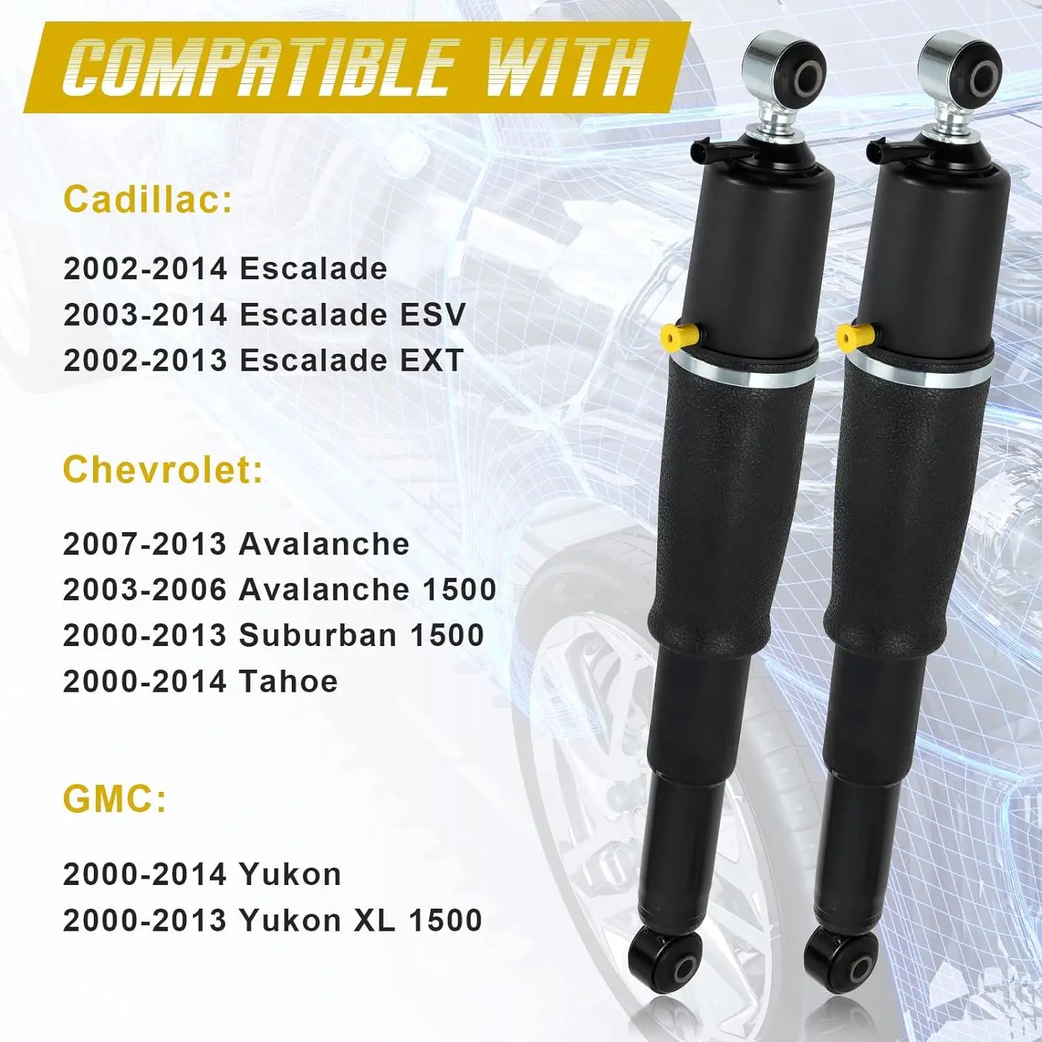 Pair Rear Shock Absorber for Cadillac Escalade / Chevrolet Avalanche Suburban 1500 / GMC Yukon 1500 Air Struts 22187156 25979391