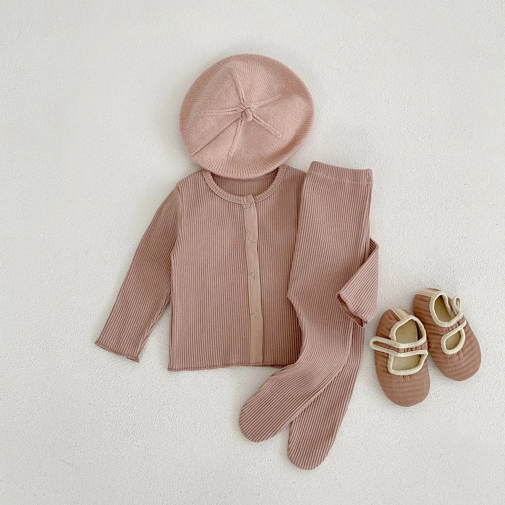 2024 Spring Baby Girls 2PCS Clothes Set Long Sleeve Ribbed Cardigan Coat Solid Cotton Soft Pantyhose Suit Infant Girls Outfits