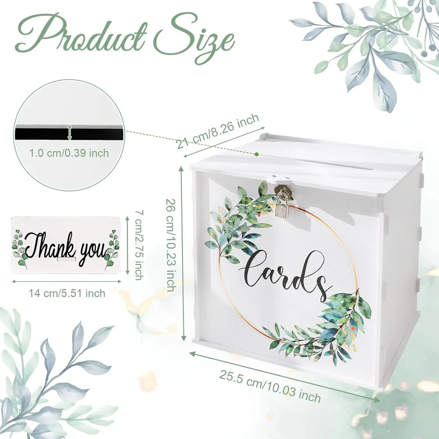 White PVC Wedding Card Box with Lock,Greenery Wreath Gift Card Holder with Thank You Sign for Wedding Reception,Bridal Shower