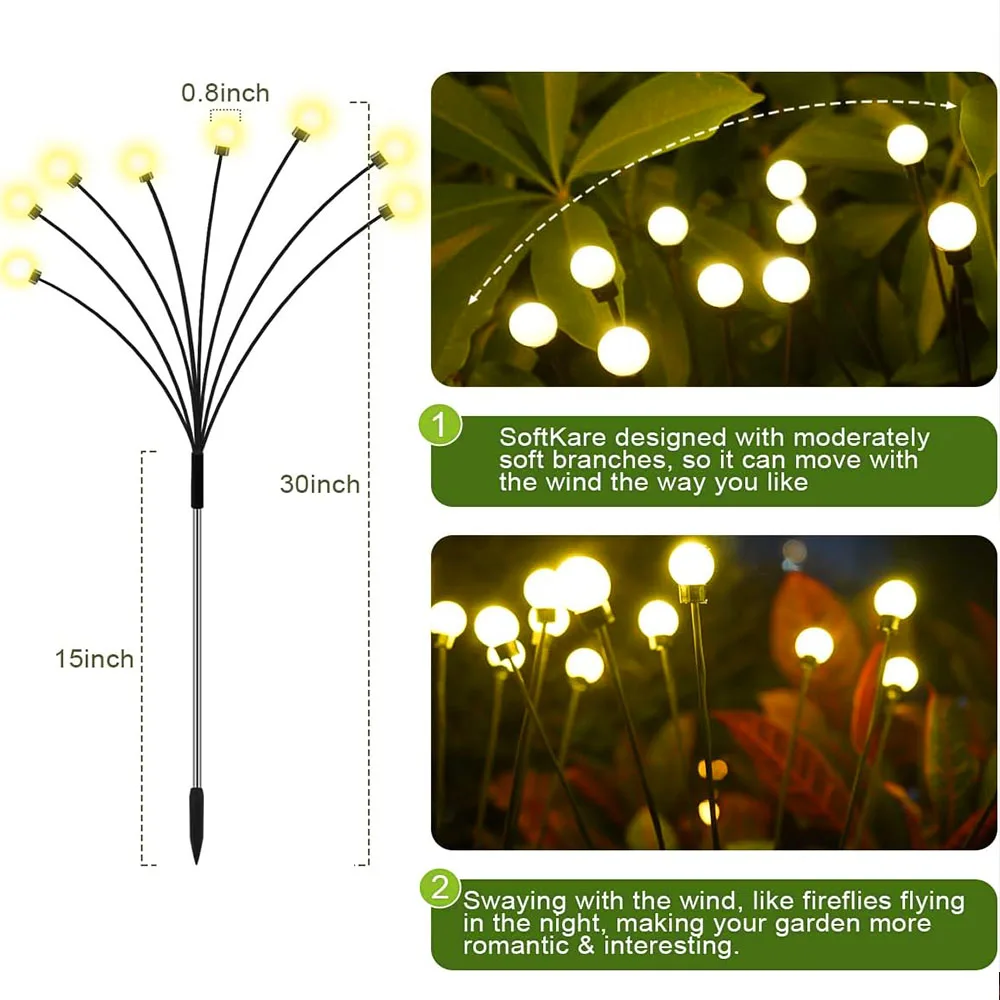 Impermeável Solar Garden Lights, Powered Firefly Lights, ao ar livre, vibrante, pátio, Pathway Decoração, quente, 8 LED, 10 LED