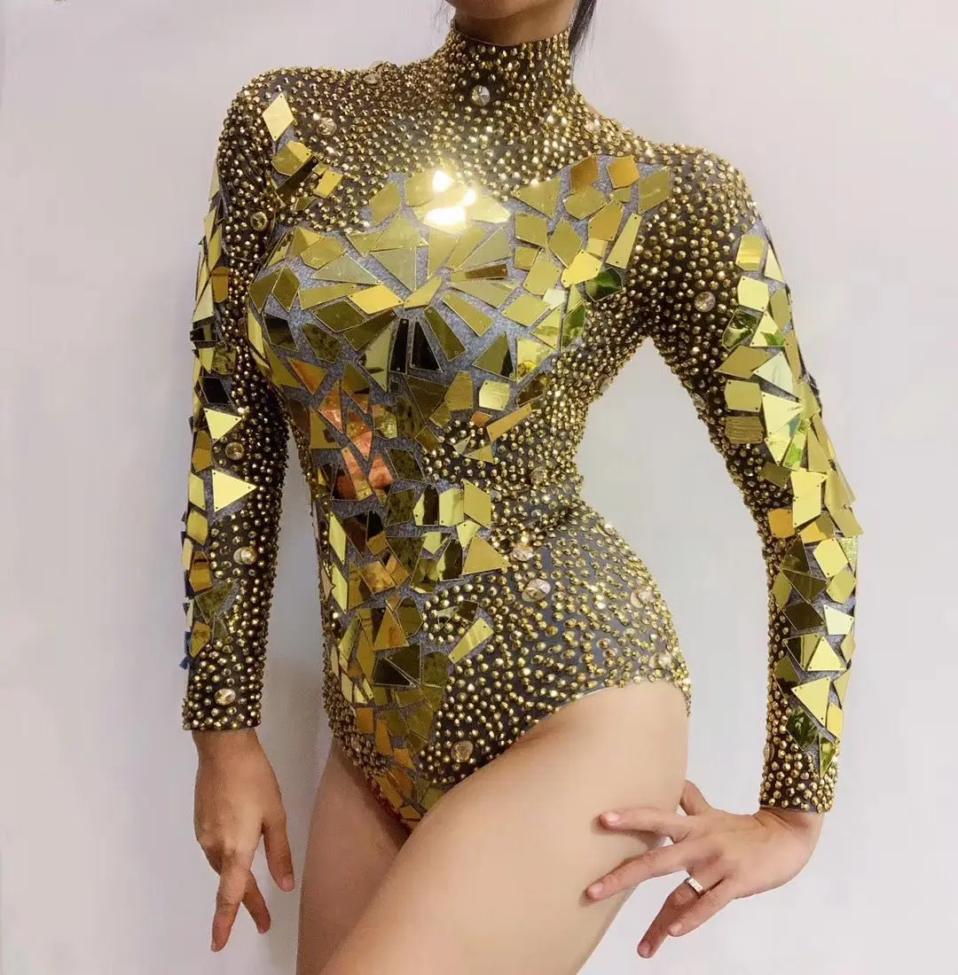 Silver Rhinestones Mirrors Leotard Women\'s Birthday Party Outfit Dance Costume DS Bar Show Bodysuit Performance Costume