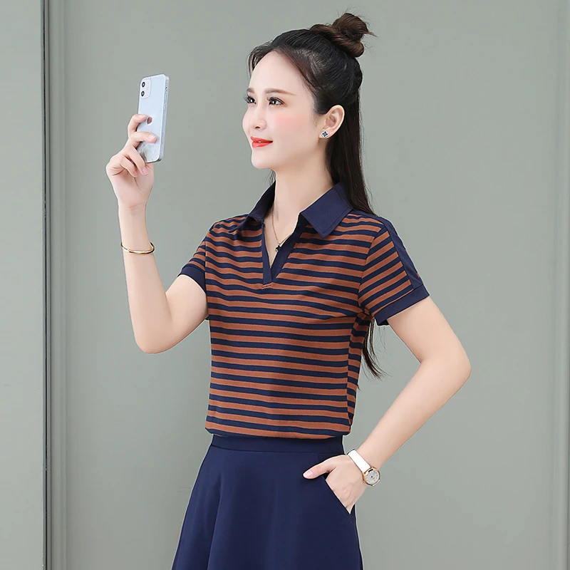 New Women'S Summer Thin Stripe Fashion Versatile Short Sleeve Mom Comfortable Versatile Loose Casual Sports Lapel Collar Top