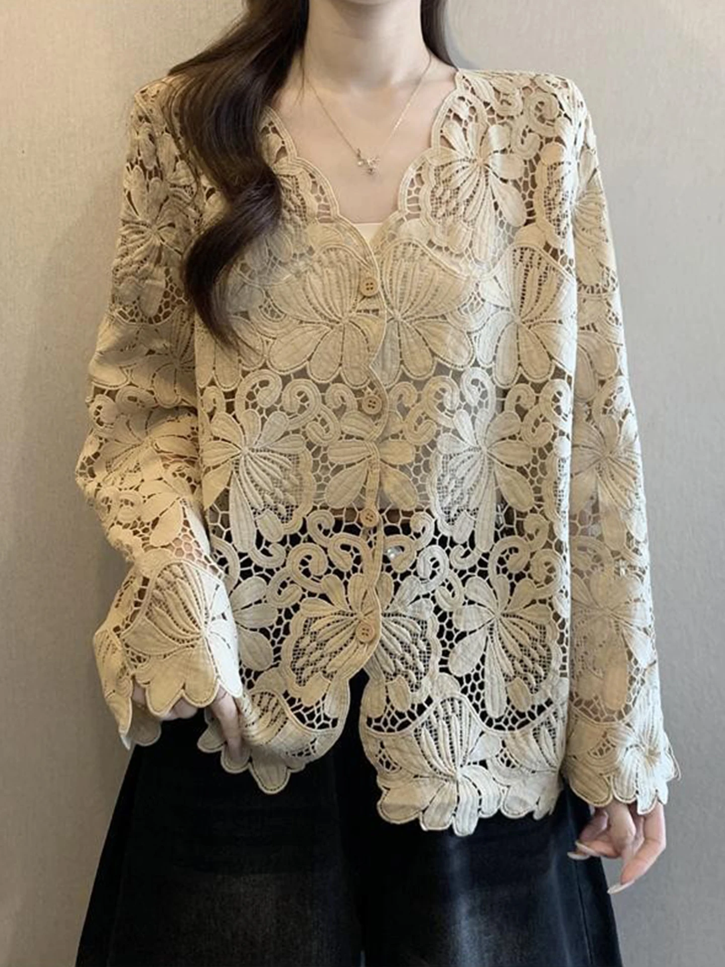

Ele Hollow out Lace irt Women's Spring New plus Size Outerwear Cover up Top Korean Sle Long Sve V Ne Commute