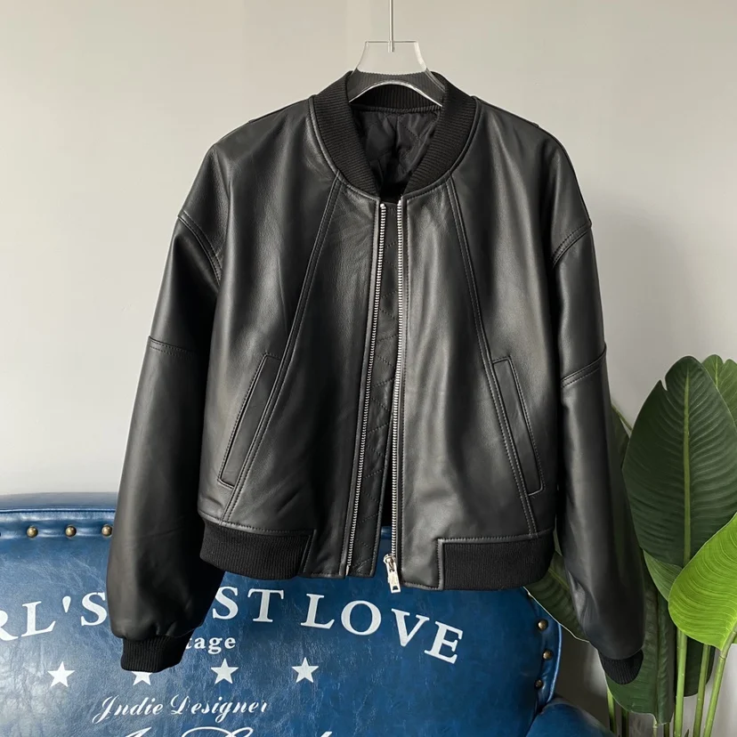 Damska kurtka bejsbolówka ze skóry naturalnej, luźny krój, wyszczuplająca, nowość zima 2023, ocieplana bawełną, mały rozmiar, odzież wierzchnia.