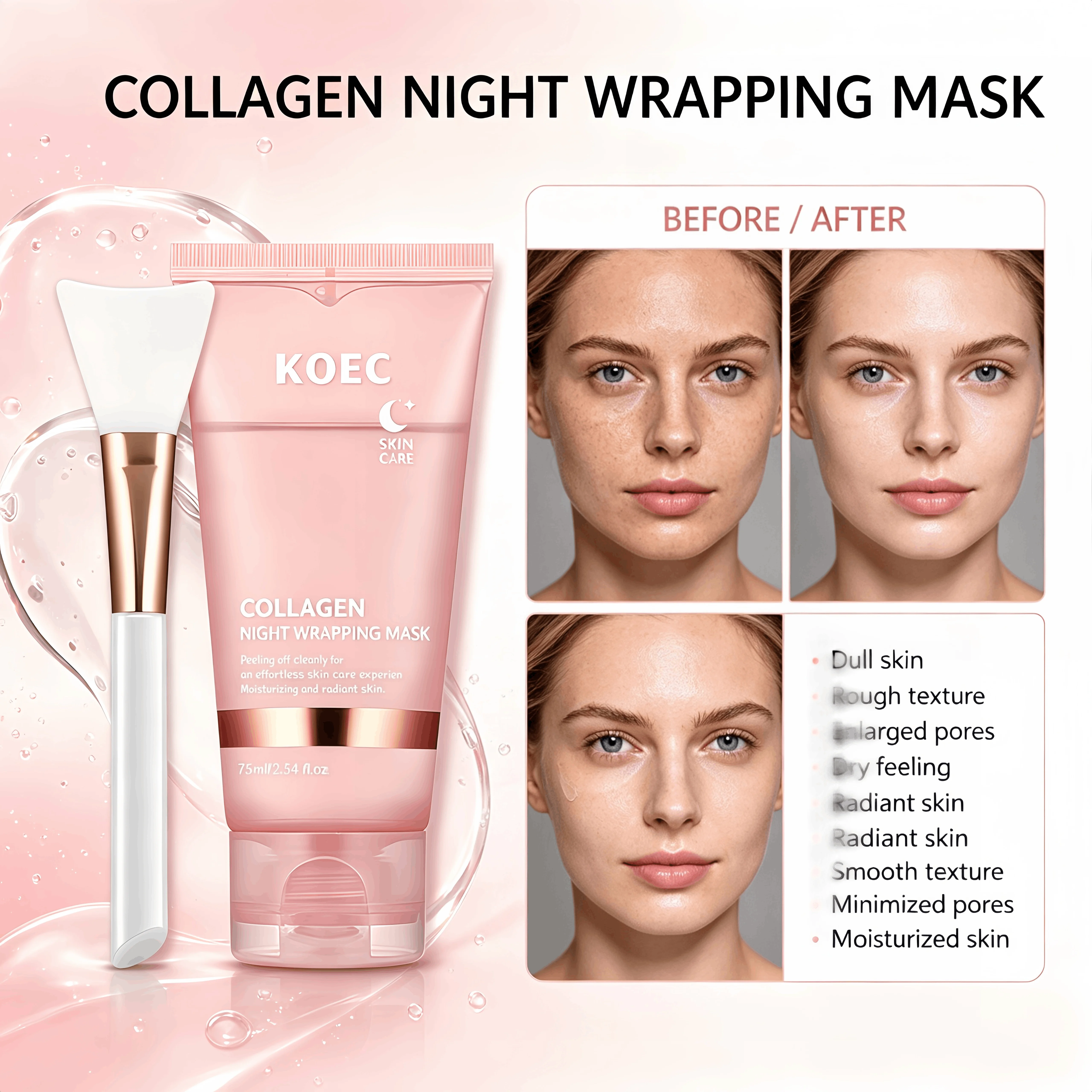Collagen Peel Off Night Wrapping Mask, KOEC Hydrating Overnight Sleeping Facial Mask with Applicator Brush, Deep Collagen Moisturizer, Revives Dull Skin, Clean Peeling Skincare Mask for Smooth Radiant Complexion