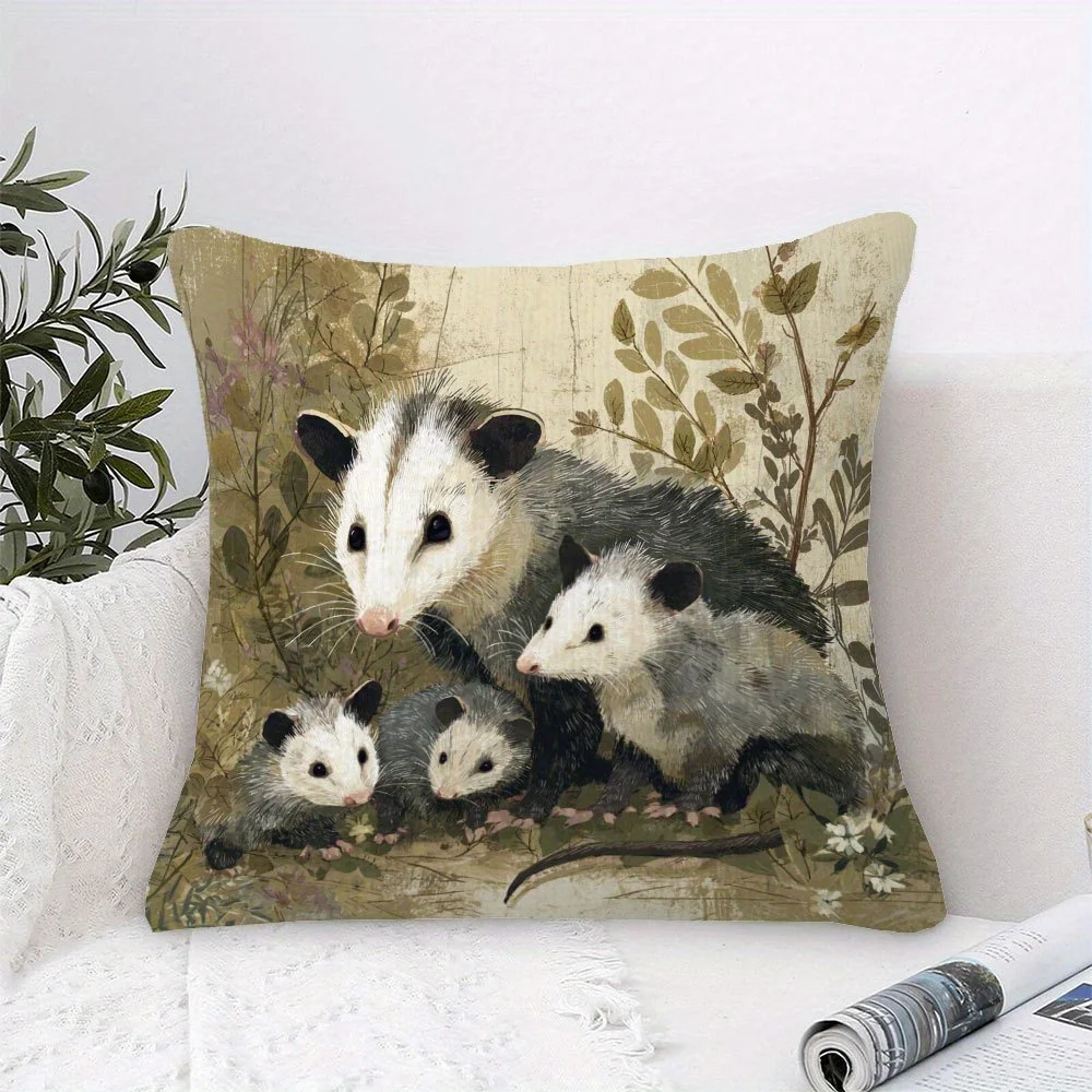 1pc Opossum Lover Living Room Pillow Cover, Polyester 2D Double-Sided Print, Vintage Possum Family Cushion, Perfect Gift for Wil