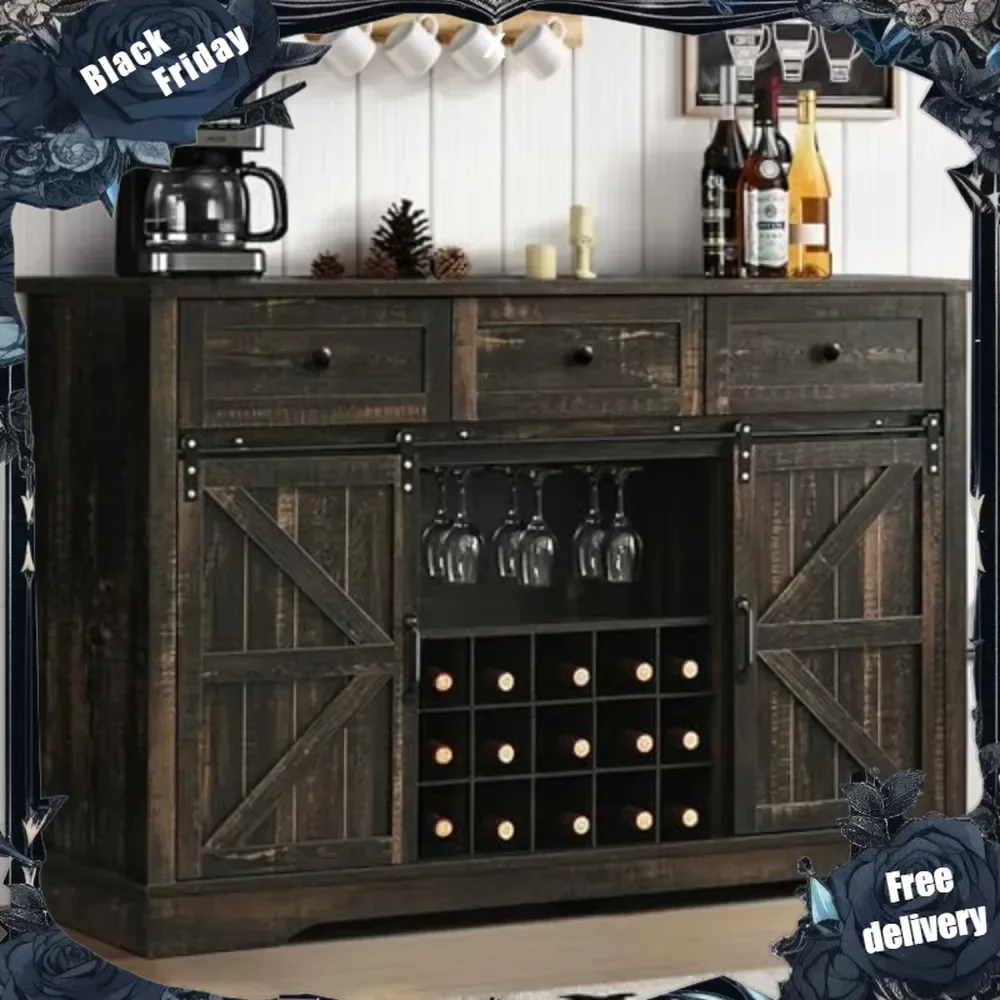 

Farmhouse Wine Bar Cabinet with Sliding Barn Doors, 54" Large Buffet Cabinet with 15 Wine Rack & Glass Rack