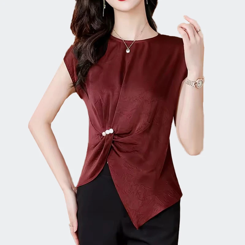 

Women Short Sleeve Satin Shirts 2025 Summer New Irregular Folds Slim Tops Fashion Casual Ladies Streetwear Solid Blouses