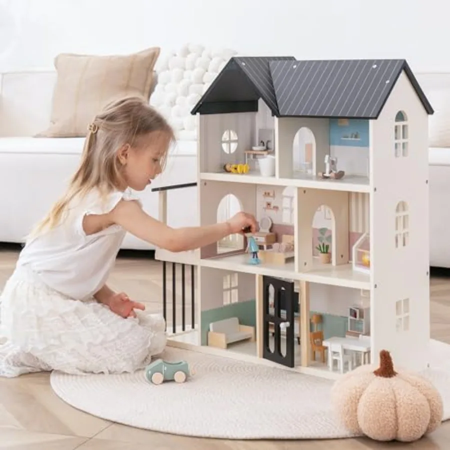

Wooden Dollhouse for,6-Room Modern Style Toy Doll House Playset with 26 Furniture and Functional Doors, 1:12 Scale Open Plan Do