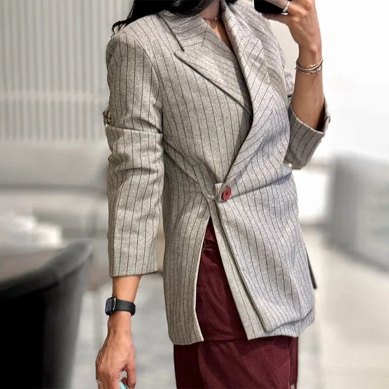 Striped Asymmetrical Hem Coat Regular Length Casual with Plaid Notched Lapel Long Sleeve Single Button Closure Women Suit