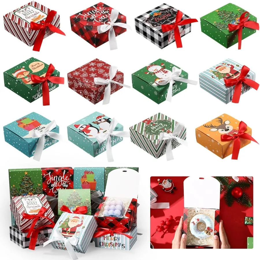 

60 шт. Рождественские подарочные коробки с крышками 4,5 x 4,5 x 1,95 дюйма Рождественские коробки для печенья Подарки с бантом Пустые для рождественского предложения Хо