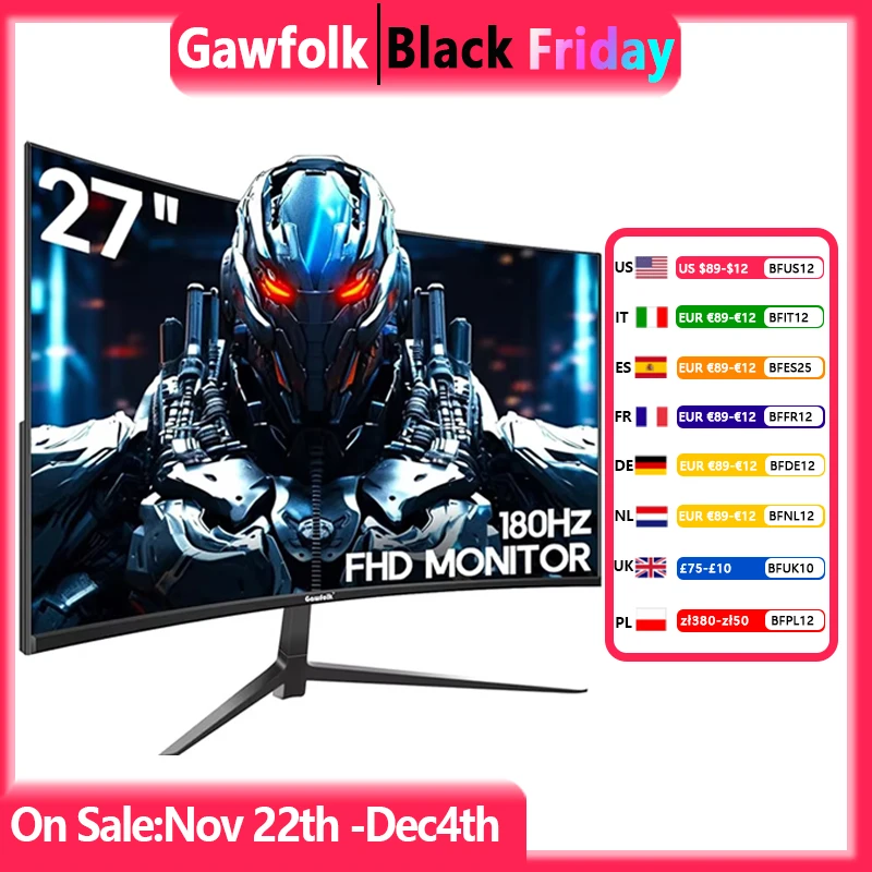 Gawfolk 27 inch curved gaming monitor 180Hz, PC screen Full HD 1080P, frameless 1800R computer monitor with FreeSync and Eye Car