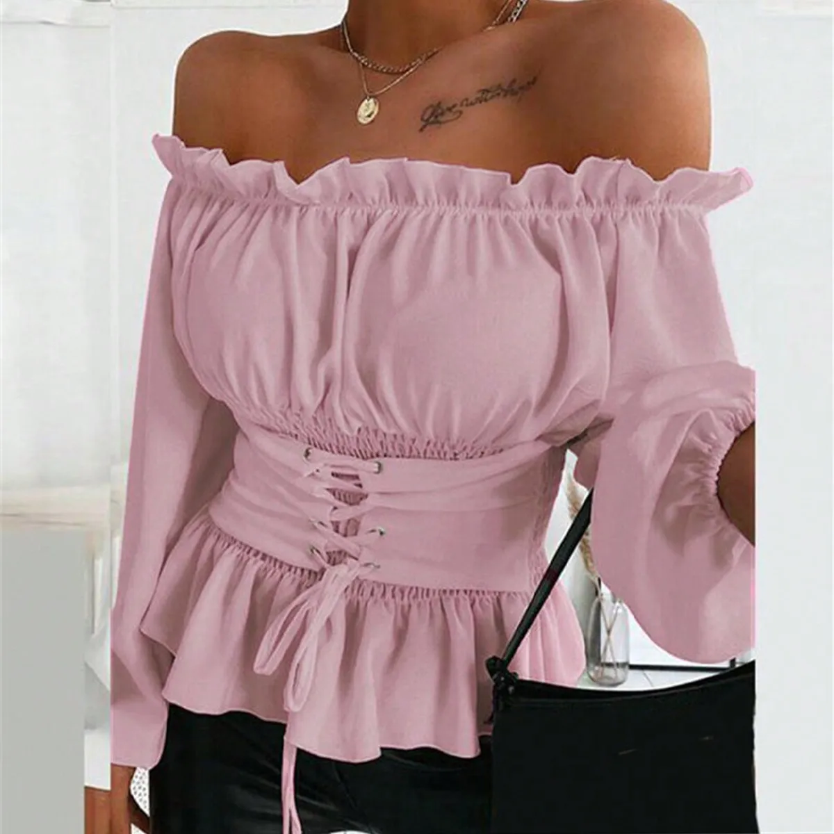 2024 Women Long Sleeve Hotsweet Pink Tops Sexy Off Shoulder Speaker Sleeve Shirts Fashion Pleated Lower Back Blouse Tops