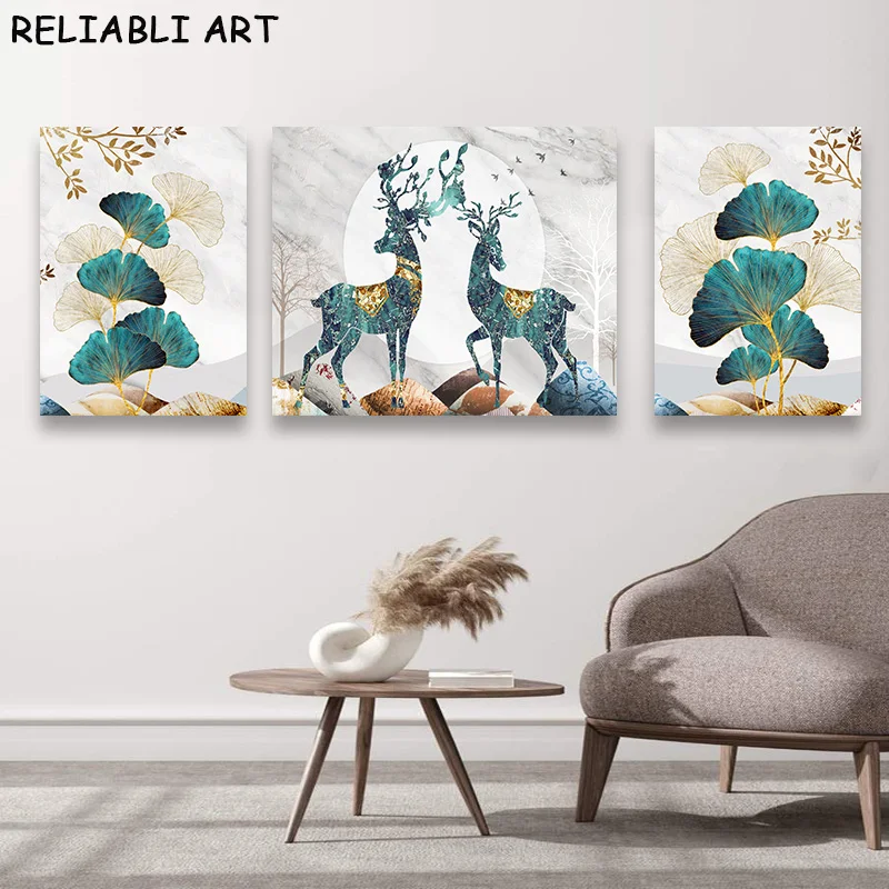 Light Luxury Elk Ginkgo Biloba Leaves Poster and Prints 3 Panels Wall Art Canvas Painting For Living Room Home Decor No Frame