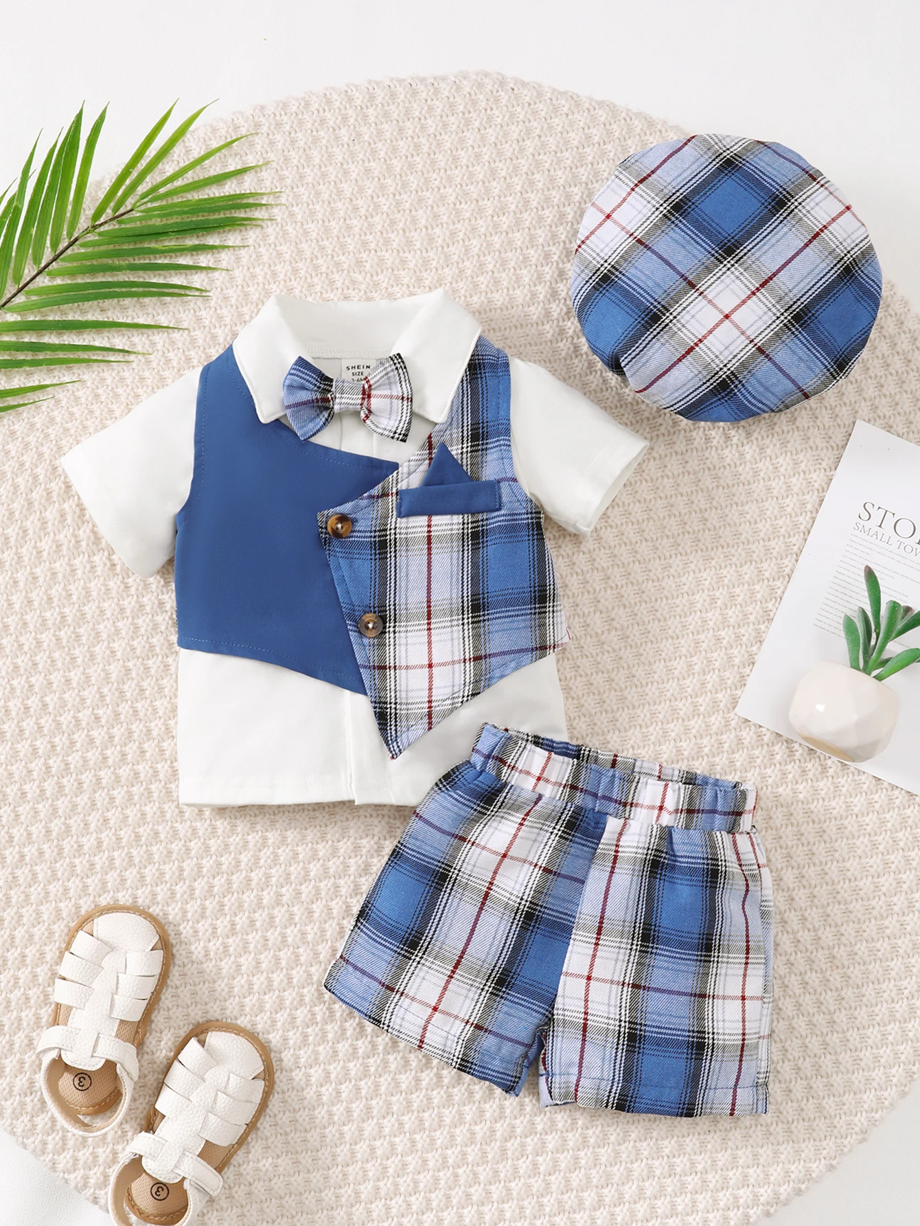 

Infant Baby Boy Summer 4PCS Shirt & Waistcoat + Shorts + Beret Hat & Bow Tie Plaid Gentleman Costume for 0-3Y Newborn Wearing