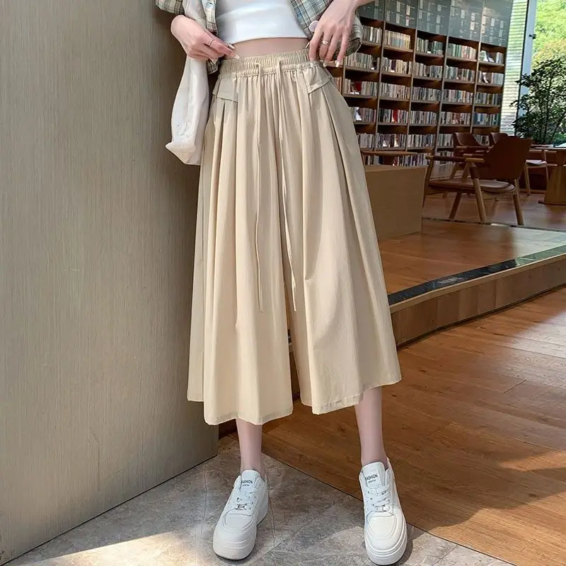 

Summer Solid Color Women's Clothing Elastic High Waist Pockets Bandage Casual Loose Wide Leg Trouser Suits Trousers Capri Pants