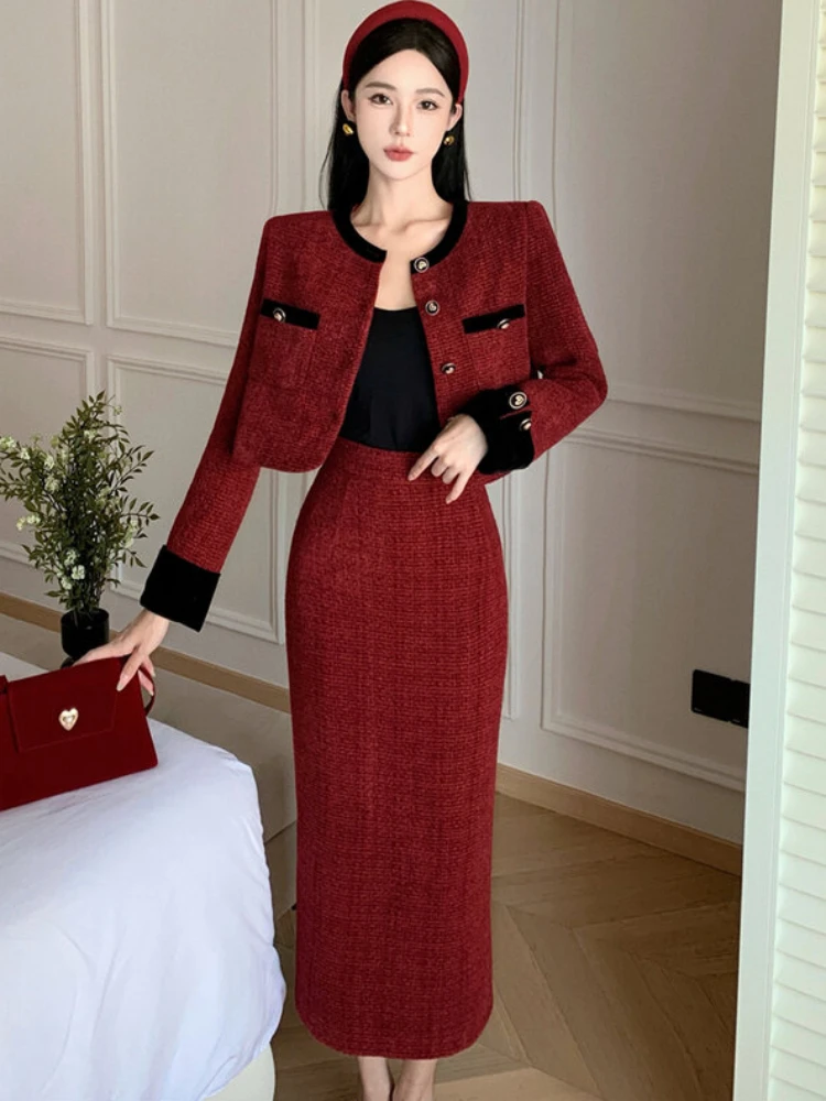 New Women Tweed Cadigan Jacket + Pencil Midi Skirt 2024 Long Sleeve Single-breasted Small Fragrance Short Coat Two Piece Set