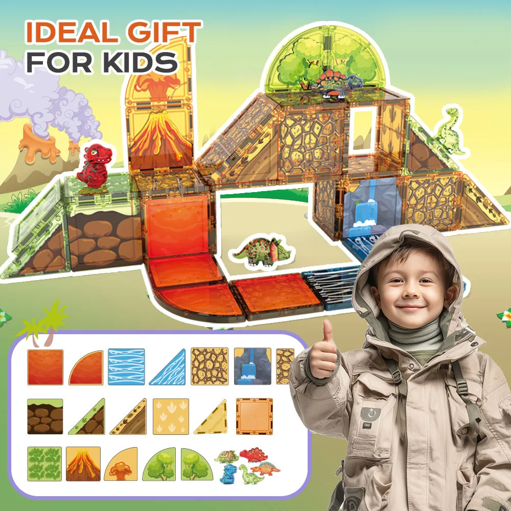 Magnetyczny zestaw klocków konstrukcyjnych z motywem zamku, dinozaurów i lasu dla dzieci, magnetyczne zabawki konstrukcyjne.
