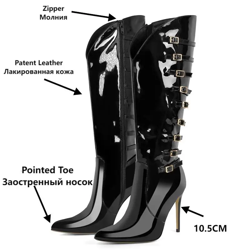 Onlymaker Women Pointed Toe Black Patent Leather Multi Buckle Stiletto Knee High Boots