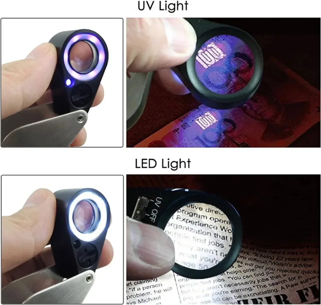 Optical glass magnifying glass 10x 20x 30x magnification gem appreciation magnifying glass six LED lights seven UV banknote lamp