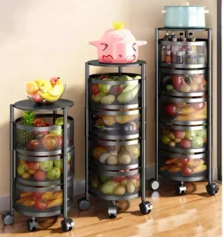 Kitchen Storage Round Rotating Trolley,Fruit Vegetable Floor Shelve Installation-free Racks,Multi-storey Snack Flavoring Basket image 3