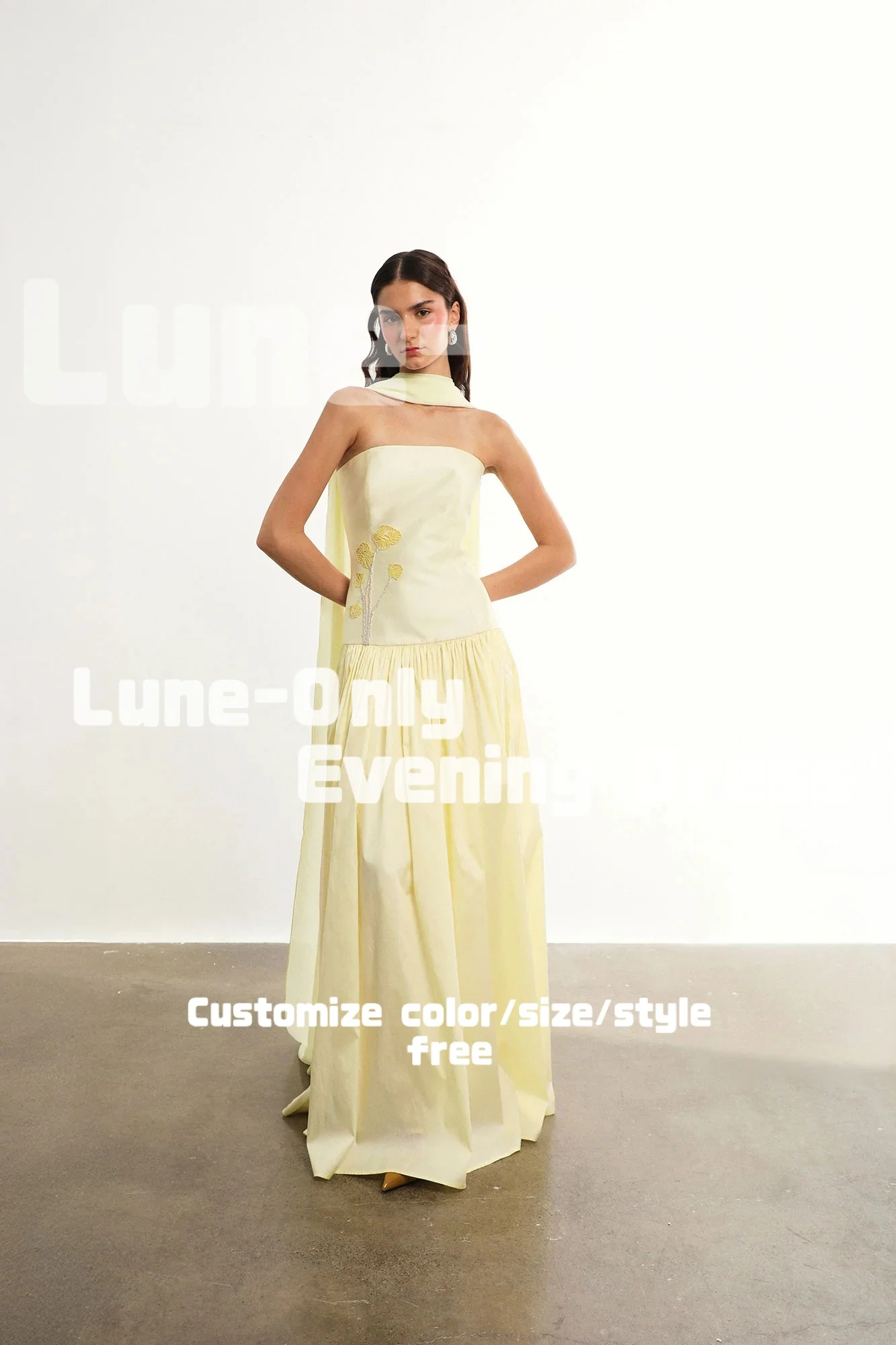 カスタマイズされた甘い黄色のビーズフラワー女性用イブニングドレス、ドレープロングスカーフ、エレガントなパーティーガウン、プロムフォーマルドレス