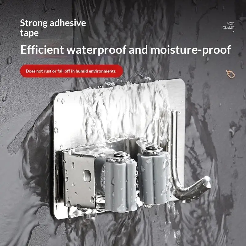 

Wall Mounted Mop Organizer Clips Self-Adhesive Bathroom Mop Hanger Holder Rack Hooks 304 Stainless Steel Mop Clip Clamp