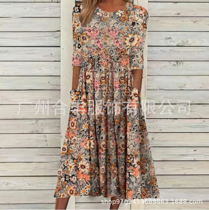 Women summer dress 2025 new European floral printed selling well loose-pocket mid-length dress for women vestidoes clothing