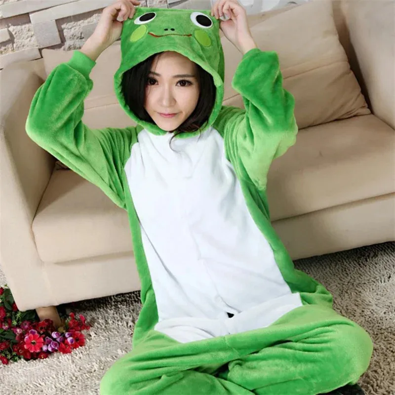 

Kawaii Green Cartoon Frog Onesie Flannel Thermal Cosplay Animal 1-piece Pajamas Unisex Couple Sleepwear Hooded Loungewear