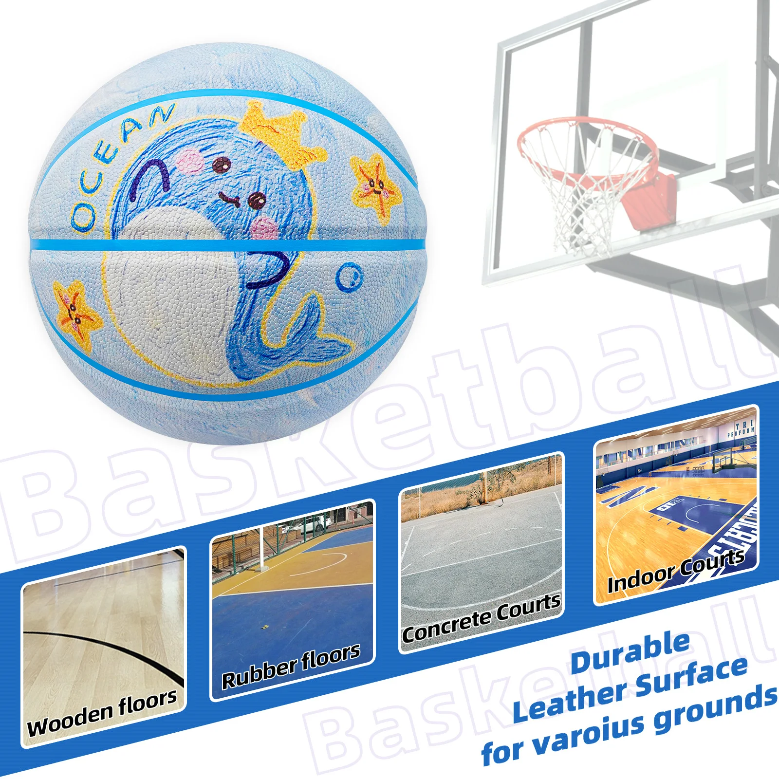 Детский баскетбольный мяч Kuangmi Whale, размер 5 (27,5 дюймов), прочный материал из искусственной кожи для игр в помещении и на открытом воздухе, KMBB581CA