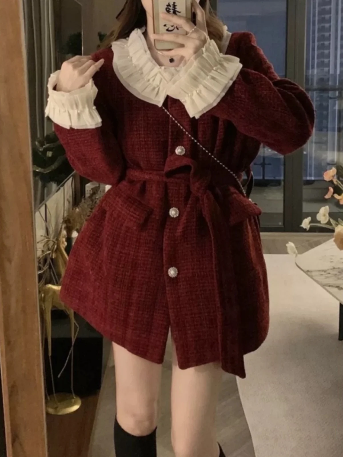 Red Winter Coat for Short Women Miu Series Chinese New Year Outfit Korean Style Small Fragrance Wind Thickened Mid-Length Jacket