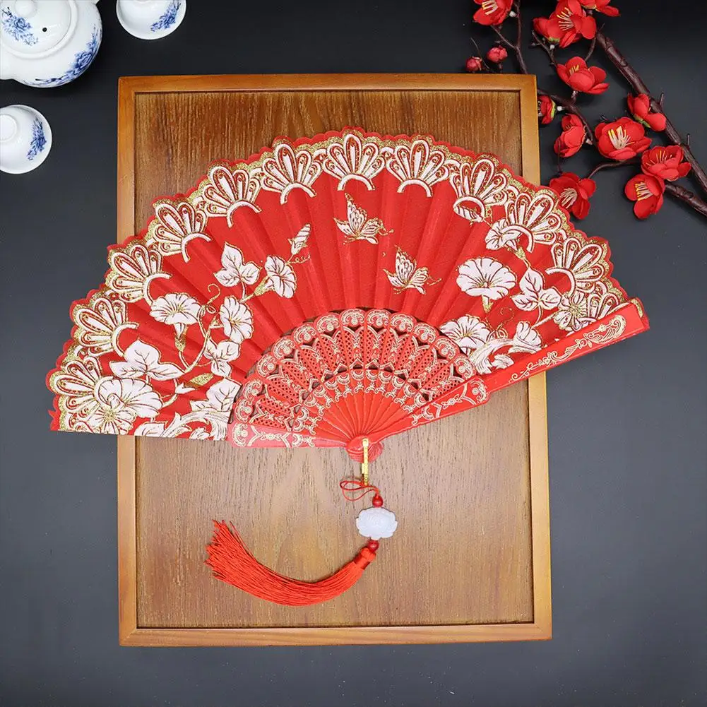 Chinese Premium Feel Gliding Folding Fan Wedding Bridal Fan Dance Performance Props Retro Floral Glitter Butterfly Fans Crafts