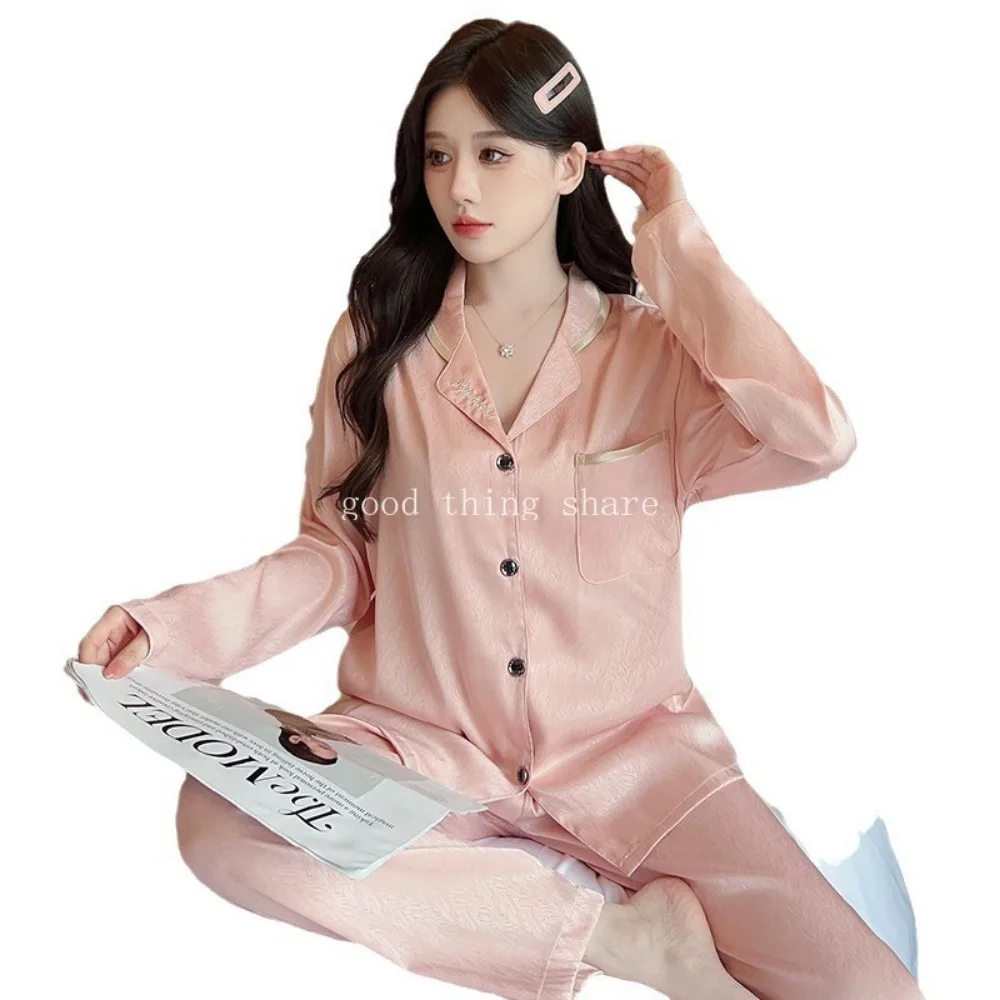 

Women's High-Grade Ice Silk Pajamas Spring and Autumn Long Sleeve Artificial Silk Summer Loungewear