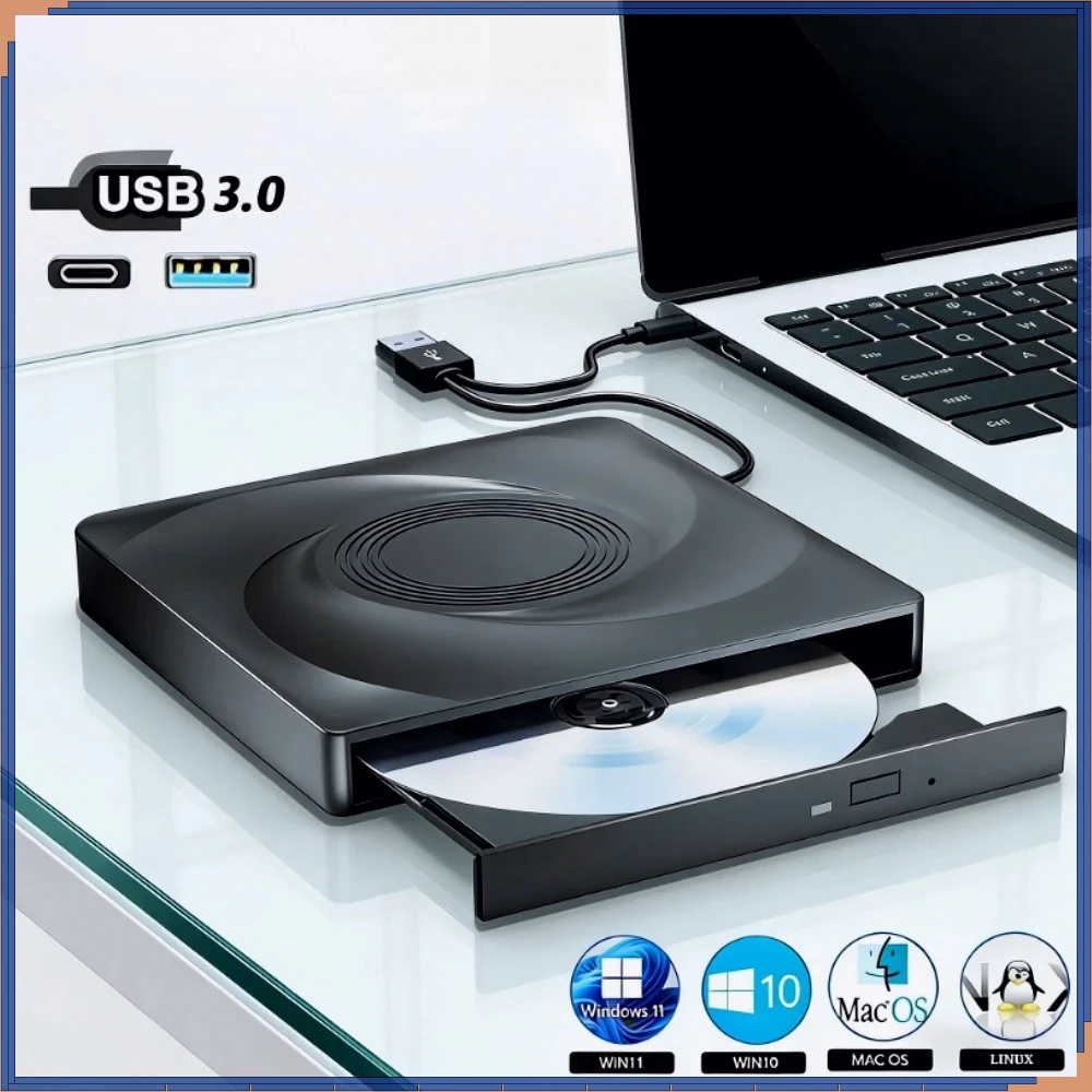 External USB 3.0 Type-C CD DVD RW Optical Drive Portable VCD/CD/DVD Writer Burner Player for Laptop Desktop PC Windows 11 10 Mac