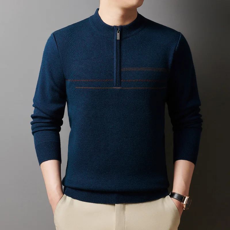 Autumn Winter Half High Neck Half Zip Anti Pilling Sweater Men's Middle Aged Casual Warm Knitted Thickened Undershirt