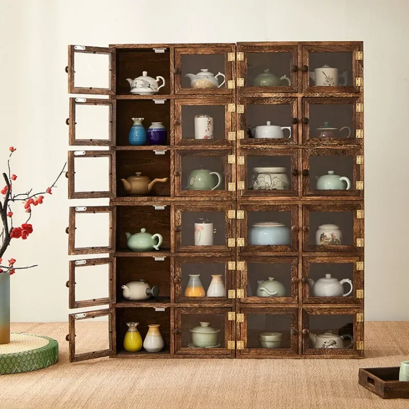 Solid wood new dust-proof storage cabinet storage rack carbonized color six-compartment dustproof storage cabinet