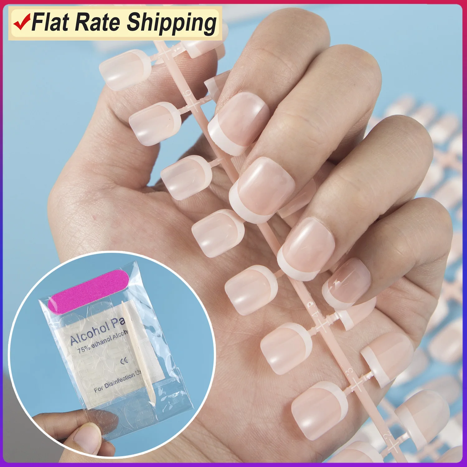 Square Short Press On French False Nail Tips 1 Set 24 Pieces UV Coating Fake Nail Tips with Nail Adhesive Accessories