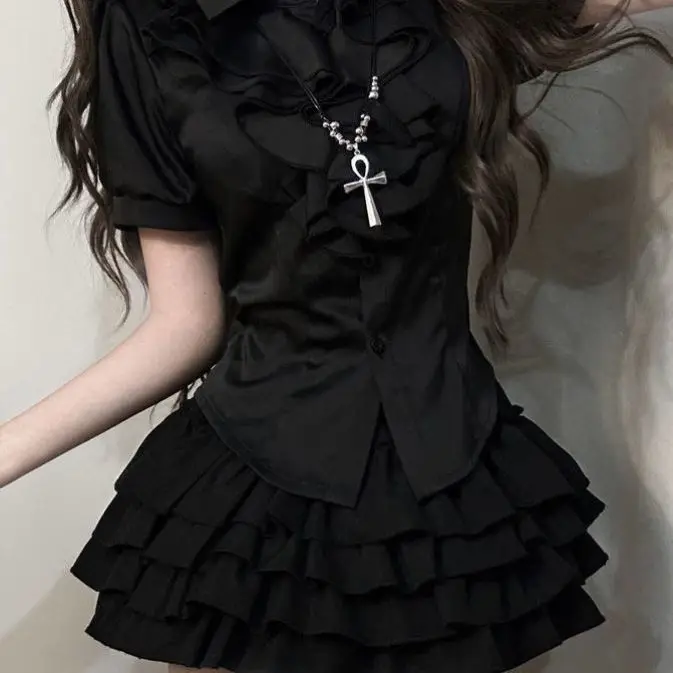 

Summer Faion ort Skirt Ballet High Waist Puffy Korean Sle Women's Set Student orm Work Outfit Cake ape f-lengt...