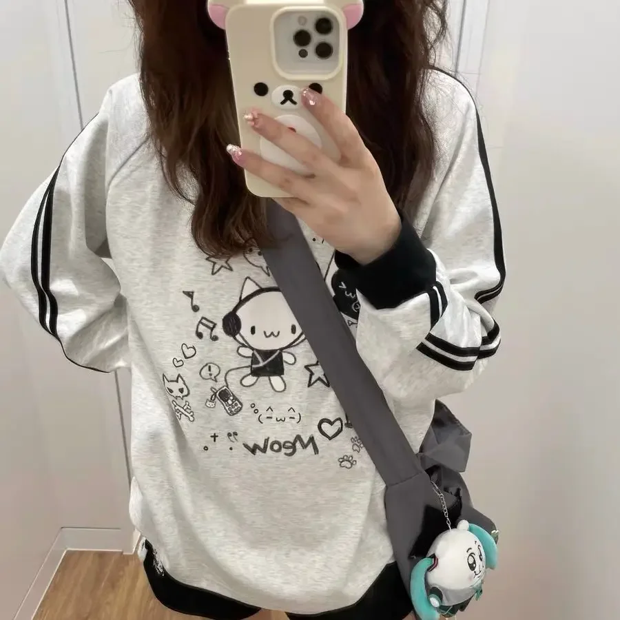 Patch Striped Long Sleeve Hoodies Preppy Style Japan Y2K Funny Cat Print Anime Sweatshirt Pullover Loose Harajuku Teens Clothing