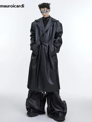 Mauroicardi Autumn Long Oversized Waterproof Black Faux Leather Trench Coat Men with Hood Loose Luxury Designer Clothes 2023