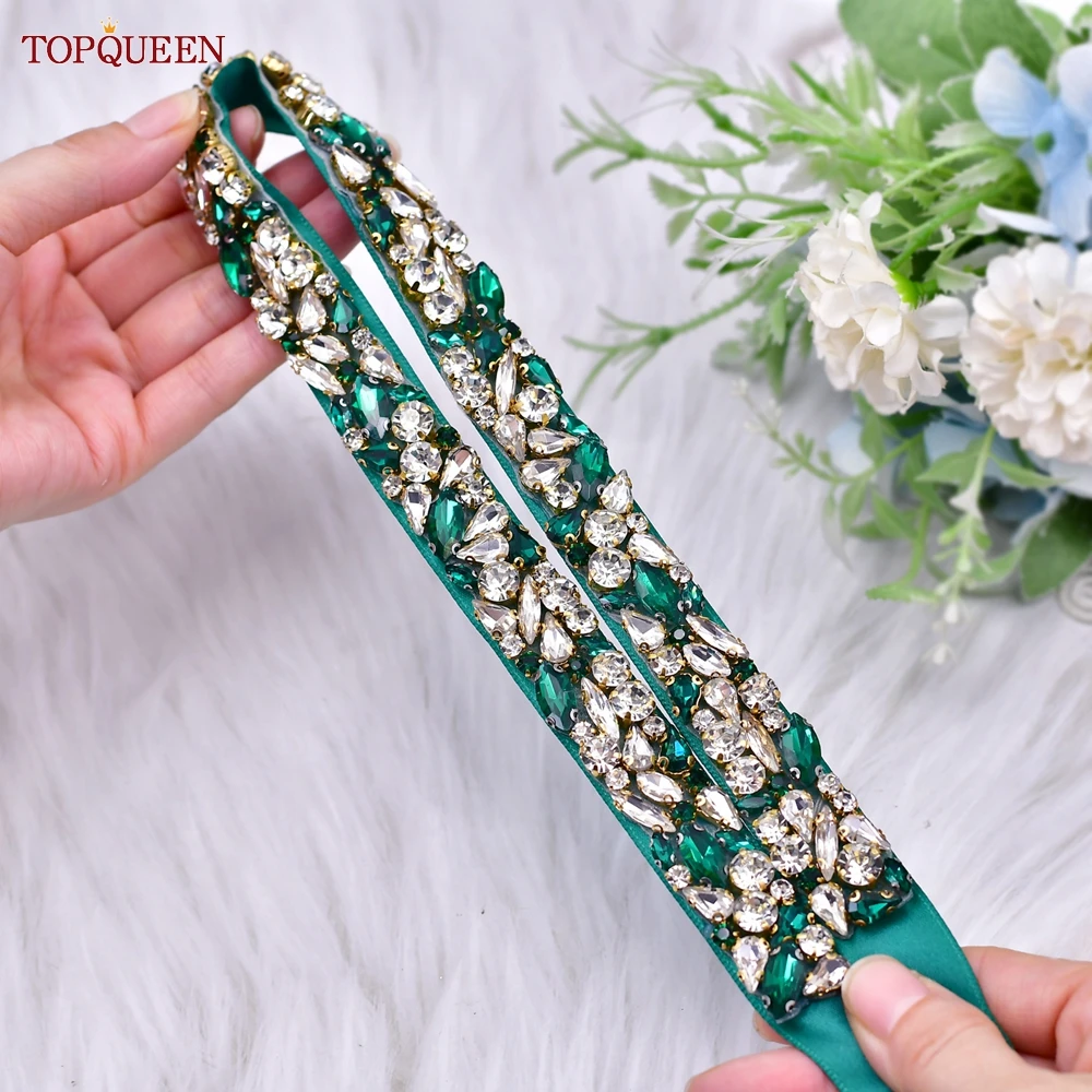 Hot‑Sale Emerald Green Rhinestone Bridal Brlt, Handcrafted Long Wedding Sash, Holiday Decor Accessory Bridesmaid Waist Sash Gift