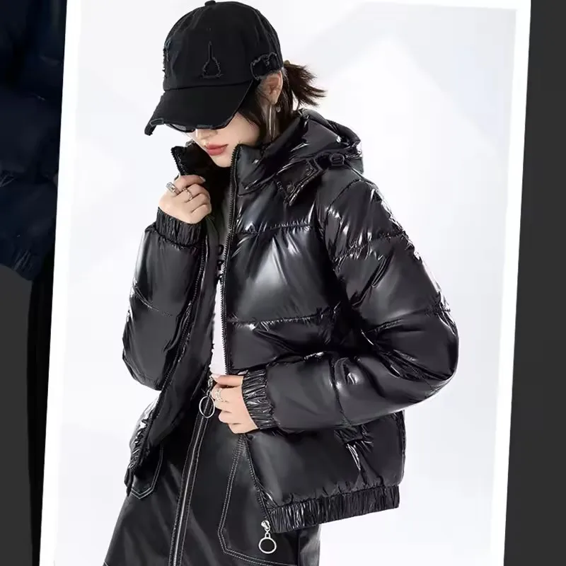 

Зимняя не требующая стирки блестящая пуховая хлопковая куртка женская съемная шапка утепленная теплая одежда для хлеба корейские короткие парки пуховик верхняя одежда