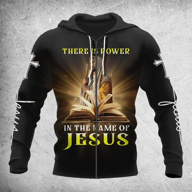 

Fashion Jesus Graphics Zipper Hoodies Trend Street Long Sleeve Casual Alphabet 3D Printed Hoodie Mens Outdoor Oversize Pullovers