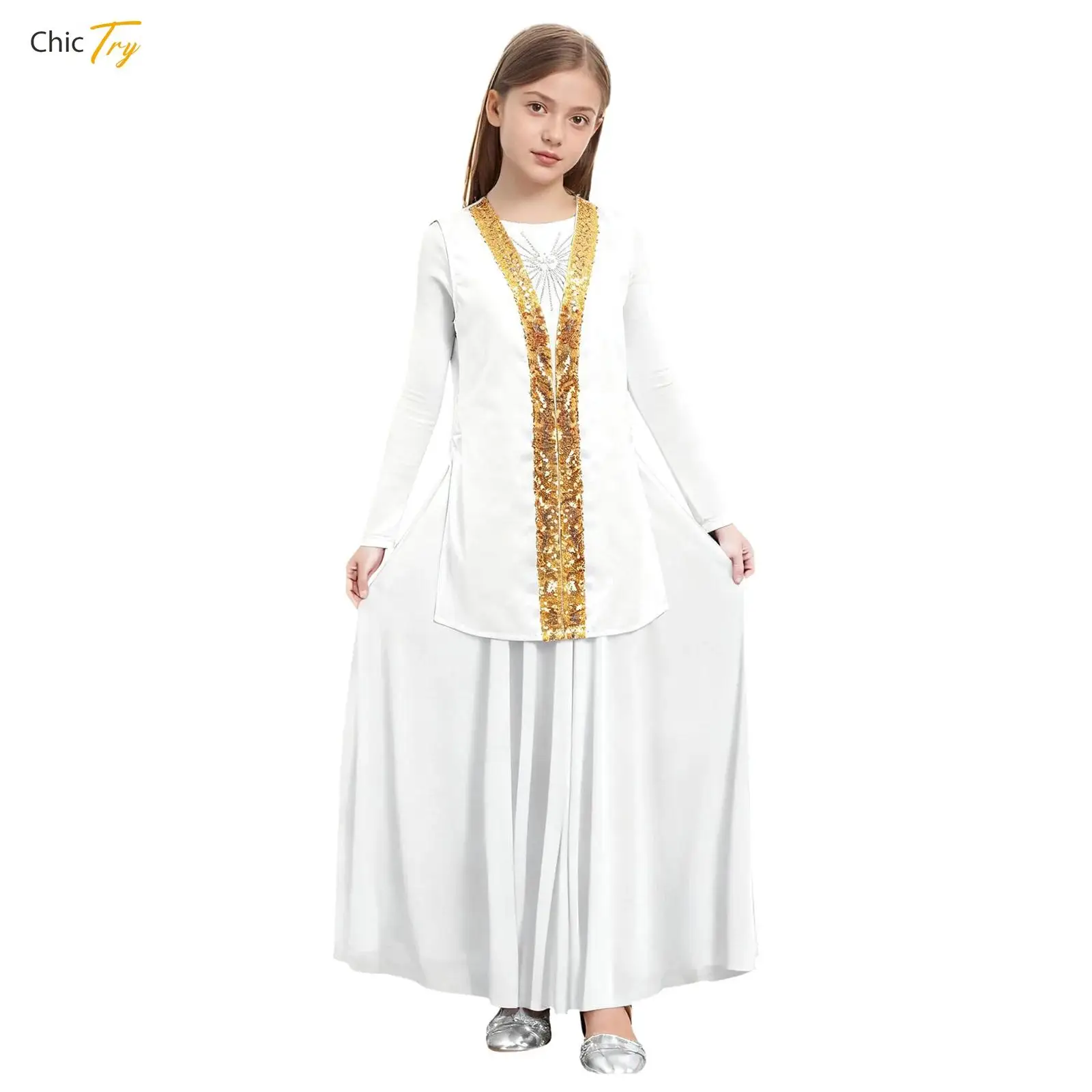

Детские танцевальные комплекты для девочек, атласный церковный халат без рукавов с разрезом по бокам и блестками, с разрезом по бокам, танцевальная одежда для литургического хора