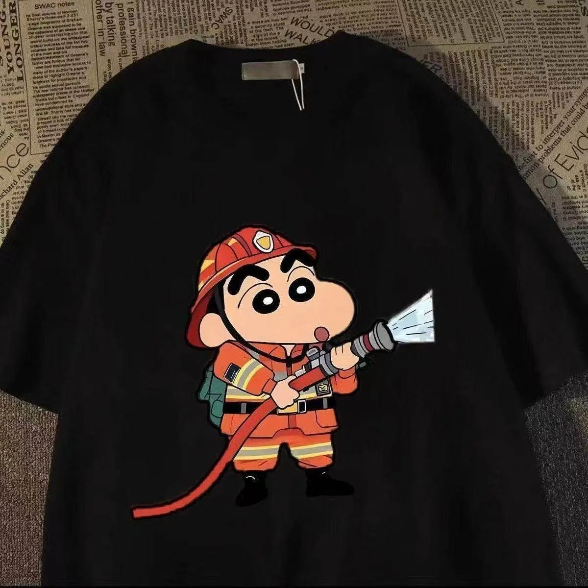 Crayon Shin Chan Firefighter Print Casual T Shirt Cute Anime Short Sleeve Tee for Men Women