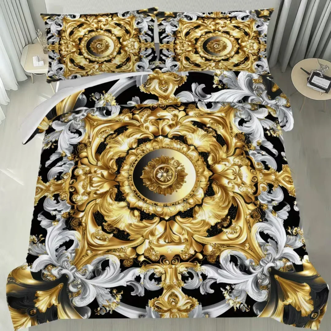 

Комплект элитного постельного белья из 3 предметов с золотым геометрическим принтом, в стиле барокко, для дома и общежития, размеры: Single, King, Queen, 228x228 см