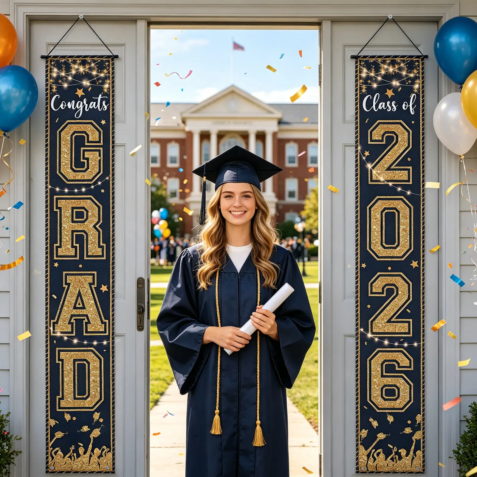 

1 Pair 2026 Graduation Banner 2026 Black and Gold Congrats Grad Banner Graduation Backdrop Class of 2026 Balloons Party Supplies