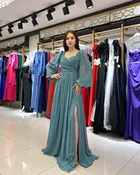 Carolina Elegant Sweetheart Chiffon Evening Dresses Beading Puffy Sleeves High Split Open Back Robe De Mariée Party Gown Women