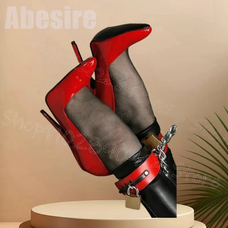 

Red Shallow Pointed Toe Lock Chain Decor Pumps Buckle Strap Women Shoes Stilettos High Heels Sexy Party 2025 Zapatos Para Mujere