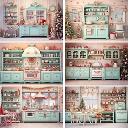 Mocsicka Christmas Kitchen Photography Backdrops Blue Cabinet Xmas Tree Kids Photocall Family Portrait Background Photo Studio